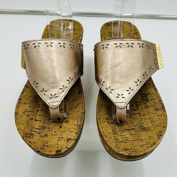 Vionic Anitra Sandals Women Size 9 Rose Gold Cork Wedge Thong Orthaheel - Picture 1 of 11
